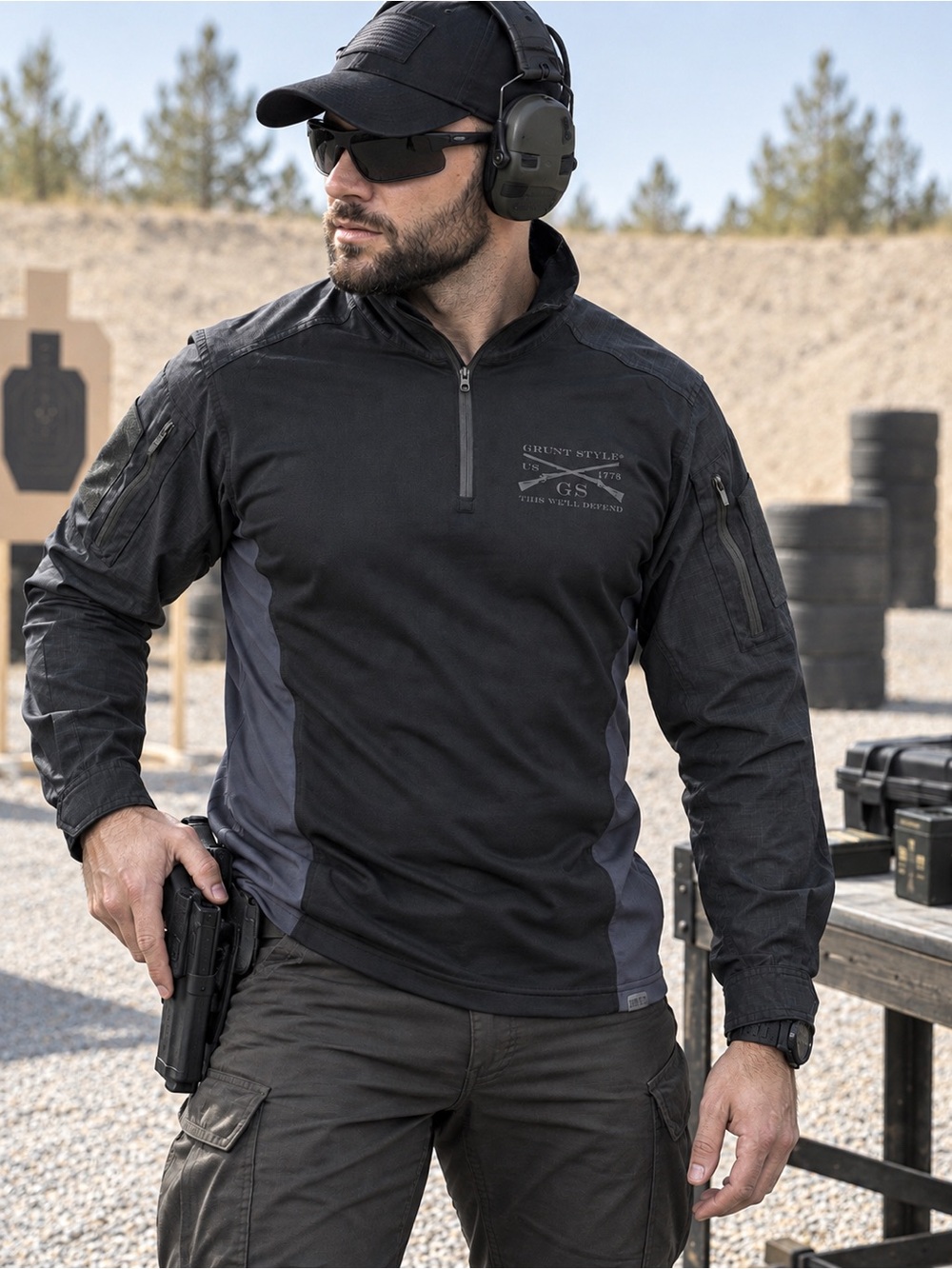 Grunt Style Men’s L Tactical 1/4 Zip Pullover Black Military Shooting Shirt